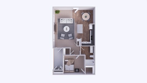 A small apartment layout with a bedroom, living room, and kitchen.
